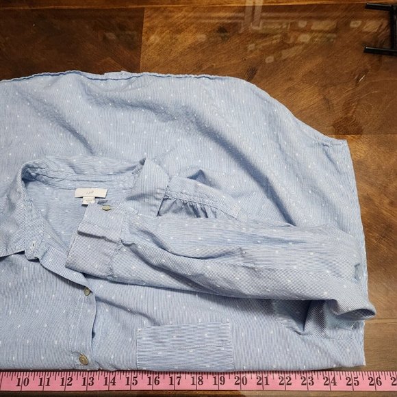 J Jill Top Womens L Blue Long Sleeve Button Up Cotton Polka Dot Embroidered - Picture 8 of 11